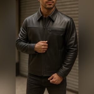 🖤 Cole Haan Men’s Genuine Black Pebble Leather Jacket – Size XL - like new